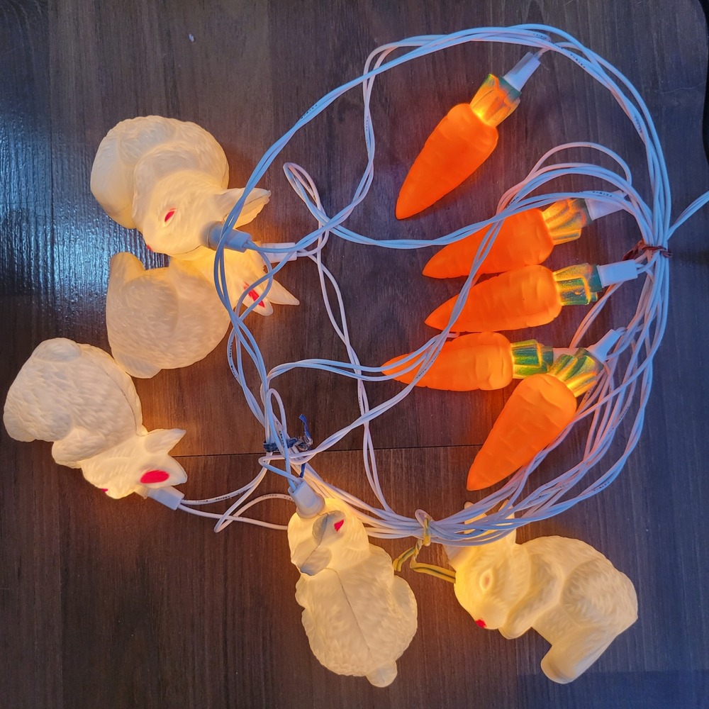 Vintage Easter Bunny and Carrot String‎ Lights Blow Mold Plastic Pastel Decor